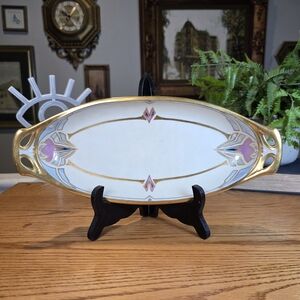 Antique Art Nouveau Porcelain Celery Dish Hand Painted Floral Tray Gold Handles